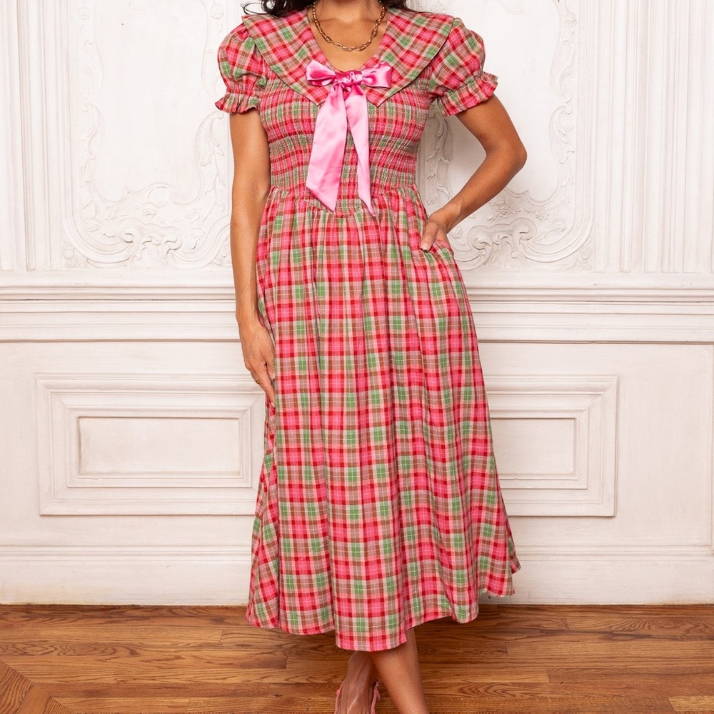 Ivy City Co Plaid Midi Dress with Pink Bow